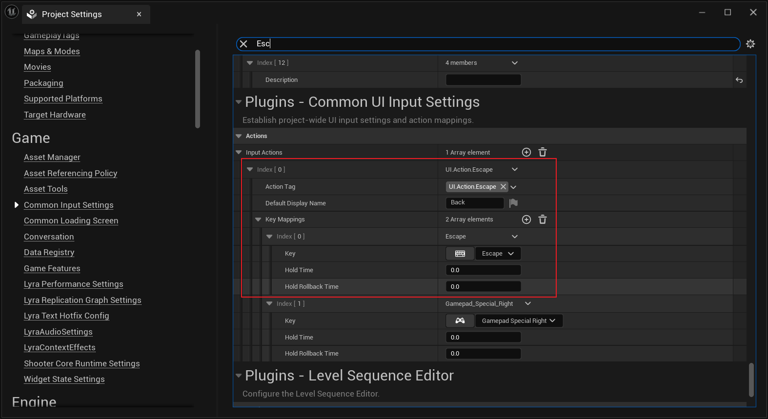 CommonUI Input Settings上的Esc按键配置项